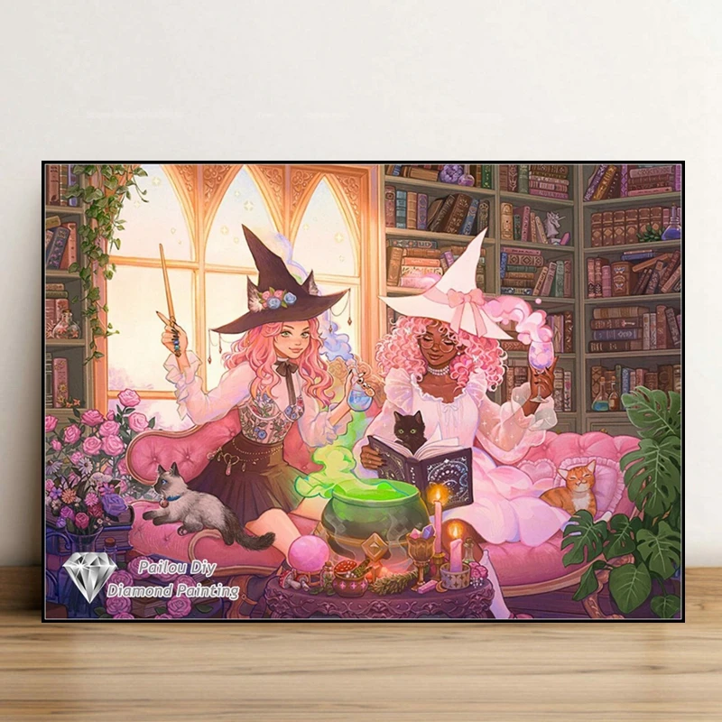 Rose Witch Pink Cats Diamond Painting Full Drills Magical Botanical Flowers Wizards Girls Gift Mosaic Cross Stitch Room Decor
