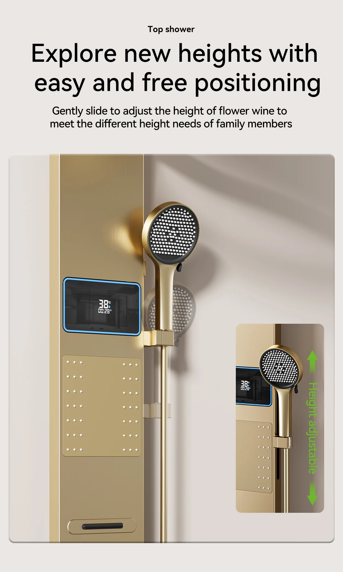 Goldener Nickel-Duschschirm Wandmontiertes Wasserfall-Duschkopf-Set Badezimmer Digitale Atmosphäre LED-Licht Duschset Schirm – Detail 3