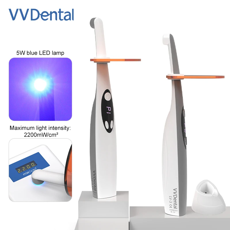 VVDental LED-Polymerisationslampe Kabellos 3-Sekunden-Harzhärtungslampe 2 Modi 420-480nm 2200mw/cm² Photopolymerisationsgerät für Zahnmedizin