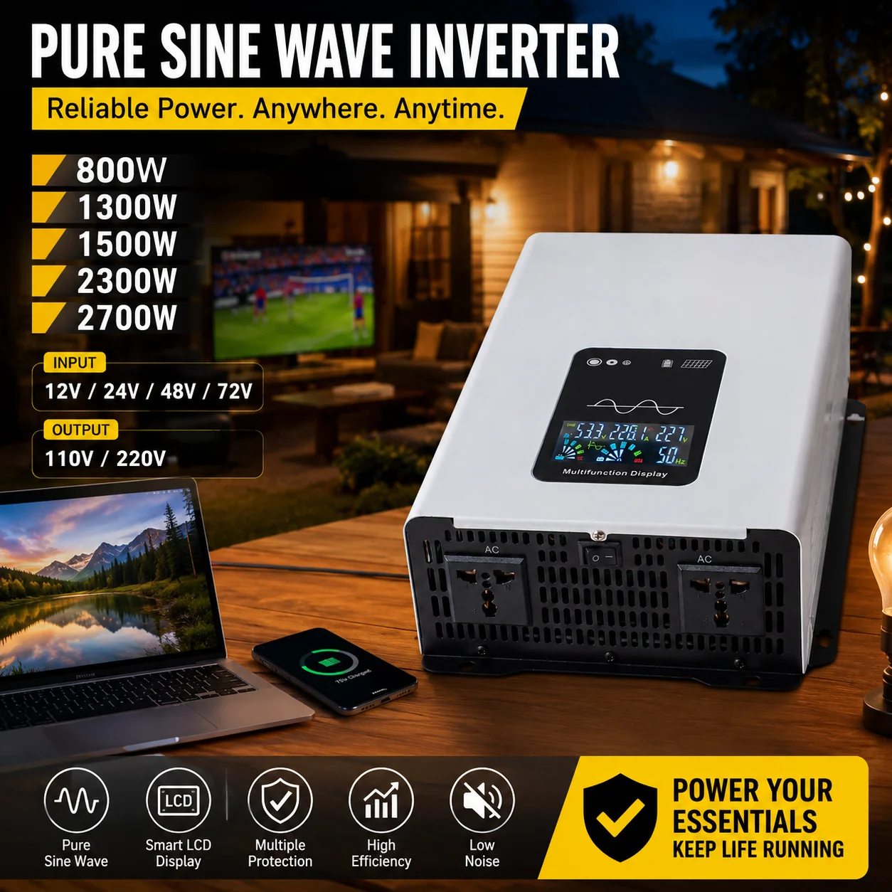 Solar Pure Sine Wave Inverter DC12V To AC110V 220V 800W 1300W 1500W 2500W 3000W LCD Display Universal Socket Home Energy Storage