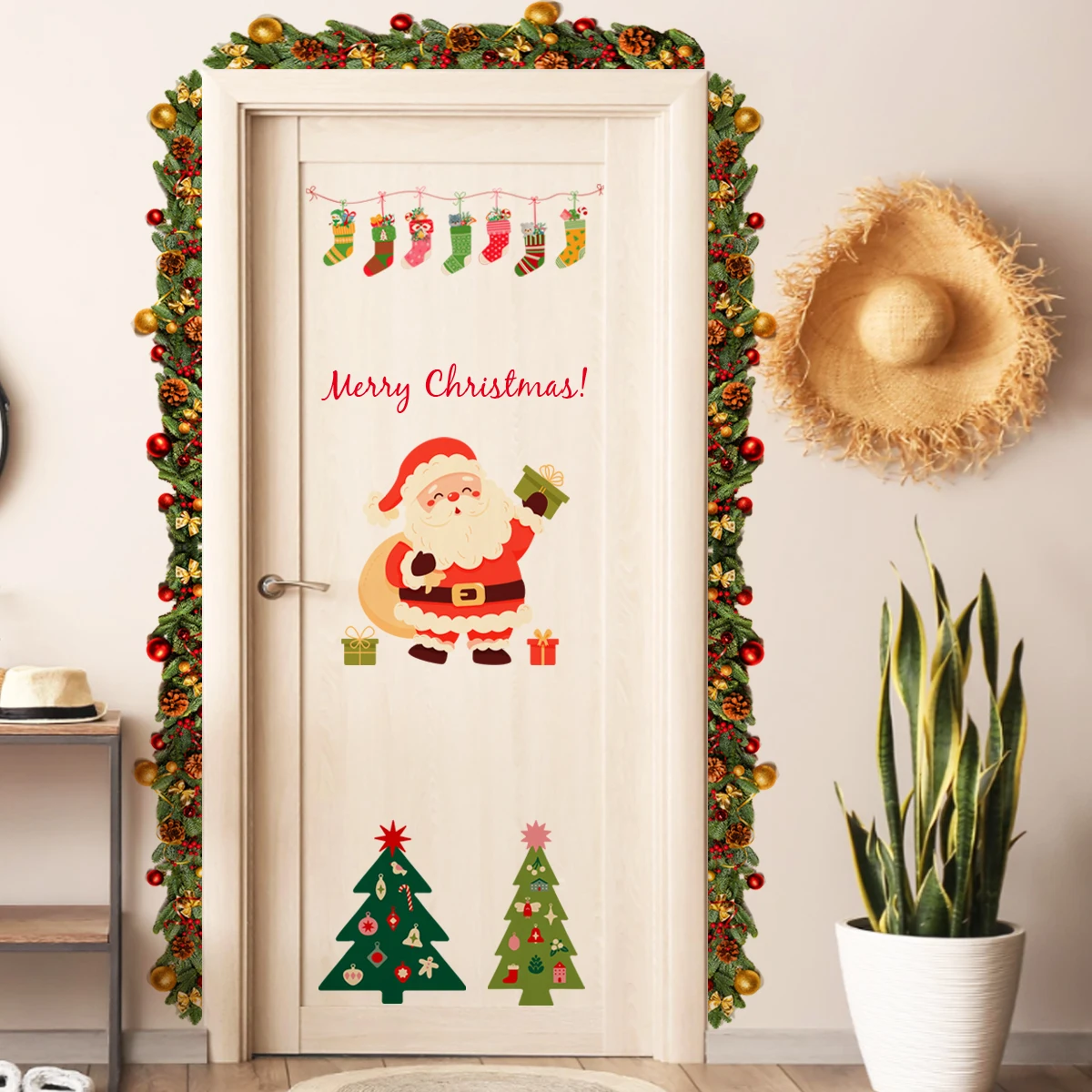 

Cartoon Santa Claus Christmas Tree Christmas Wall Sticker Nursery Child Room Door Decal Kids Room PVC Bedroom Living Home Decor