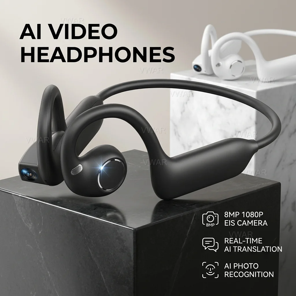 VWAR AI Smart Earphones 8MP Pixel 4K HD Camera Photo Video Recording Bluetooth Call Voice Assistant AI Translation Headphones