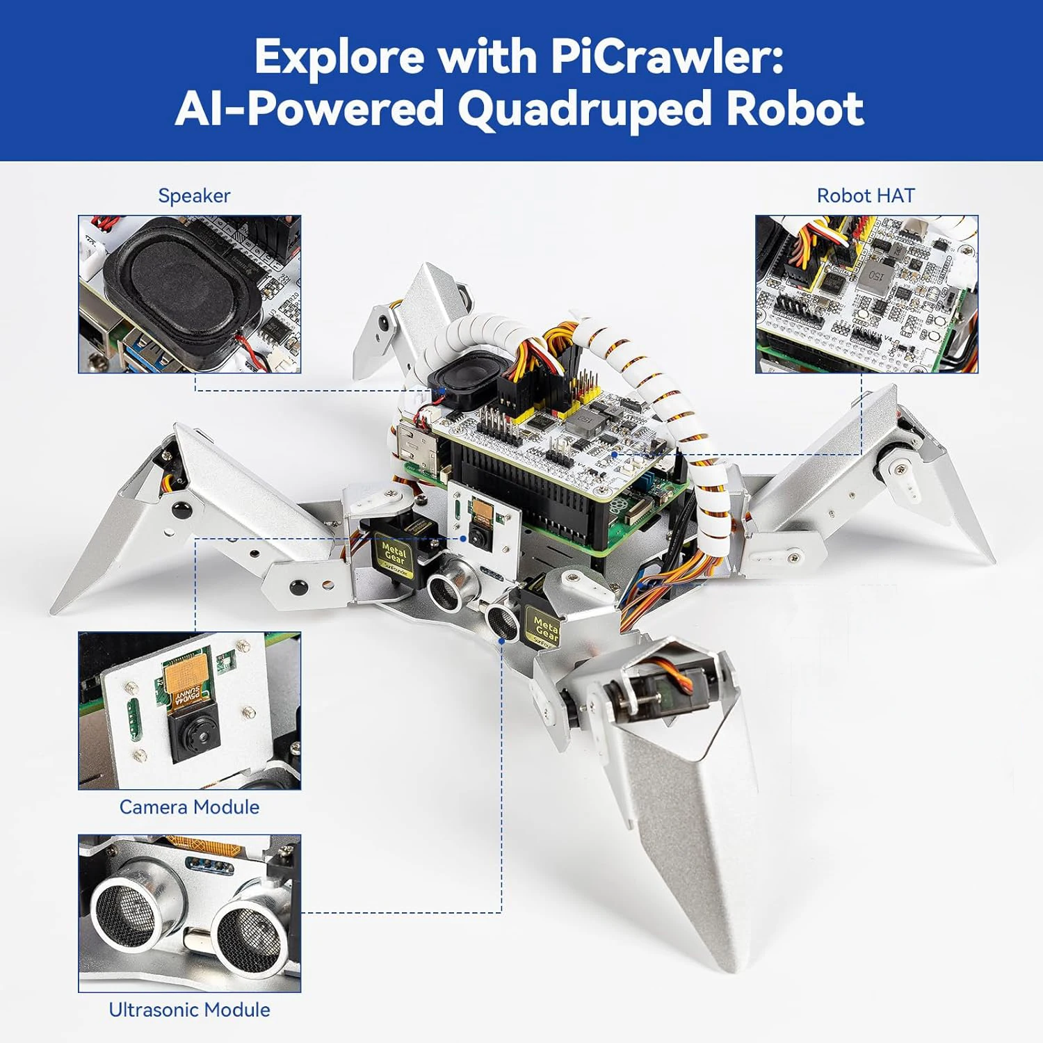 CC SunFounder PiCrawler Kit robot AI per Raspberry Pi 5/4/3B+/3B/Zero, controllo app, FPV, fotocamera, Python e graffi (senza RPI)