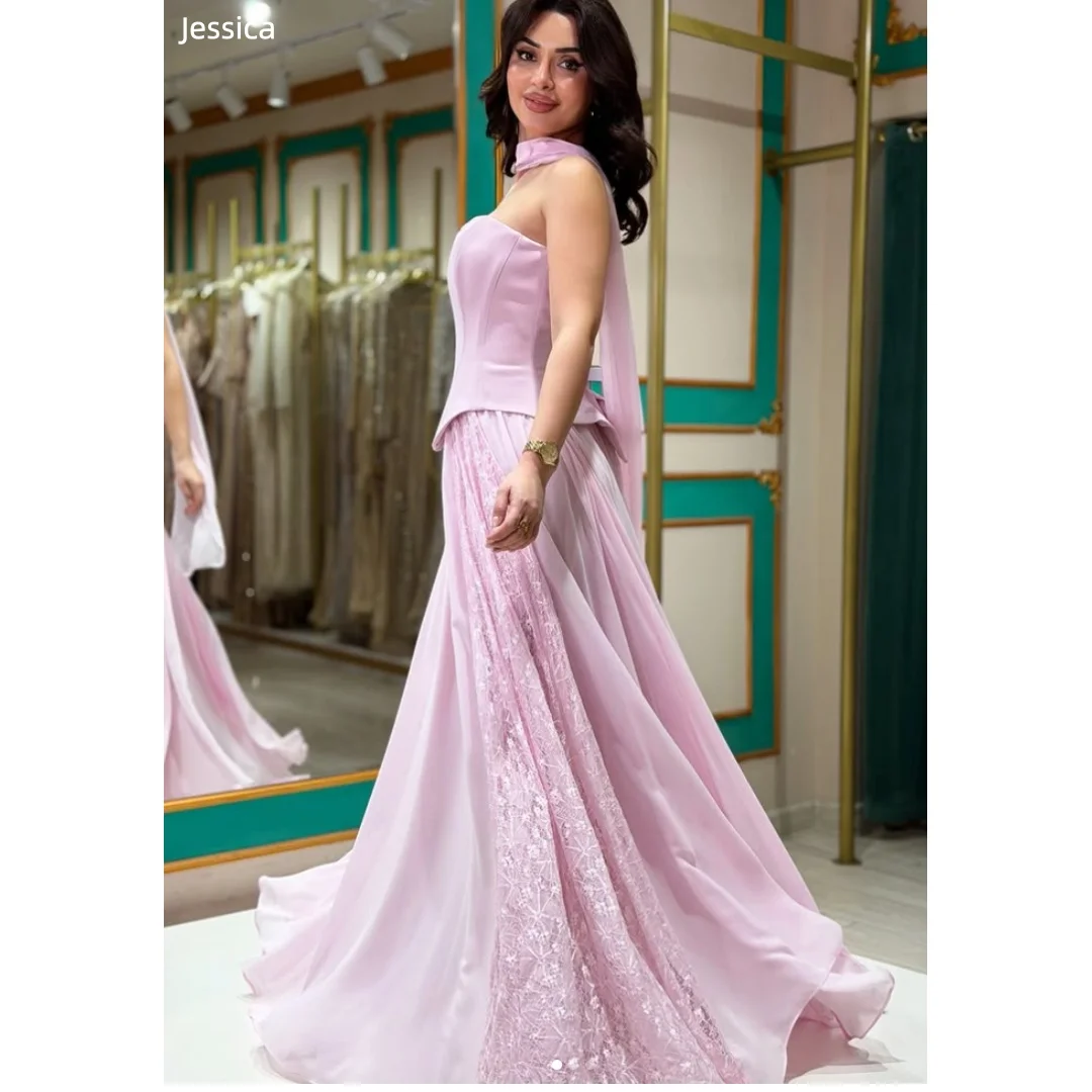 

Jessica Elegant Lady Evening Dresses Chiffon and Lace Embroidery Prom Dresses Off-the-Shoulder Sweetheart Pink Party Dresses
