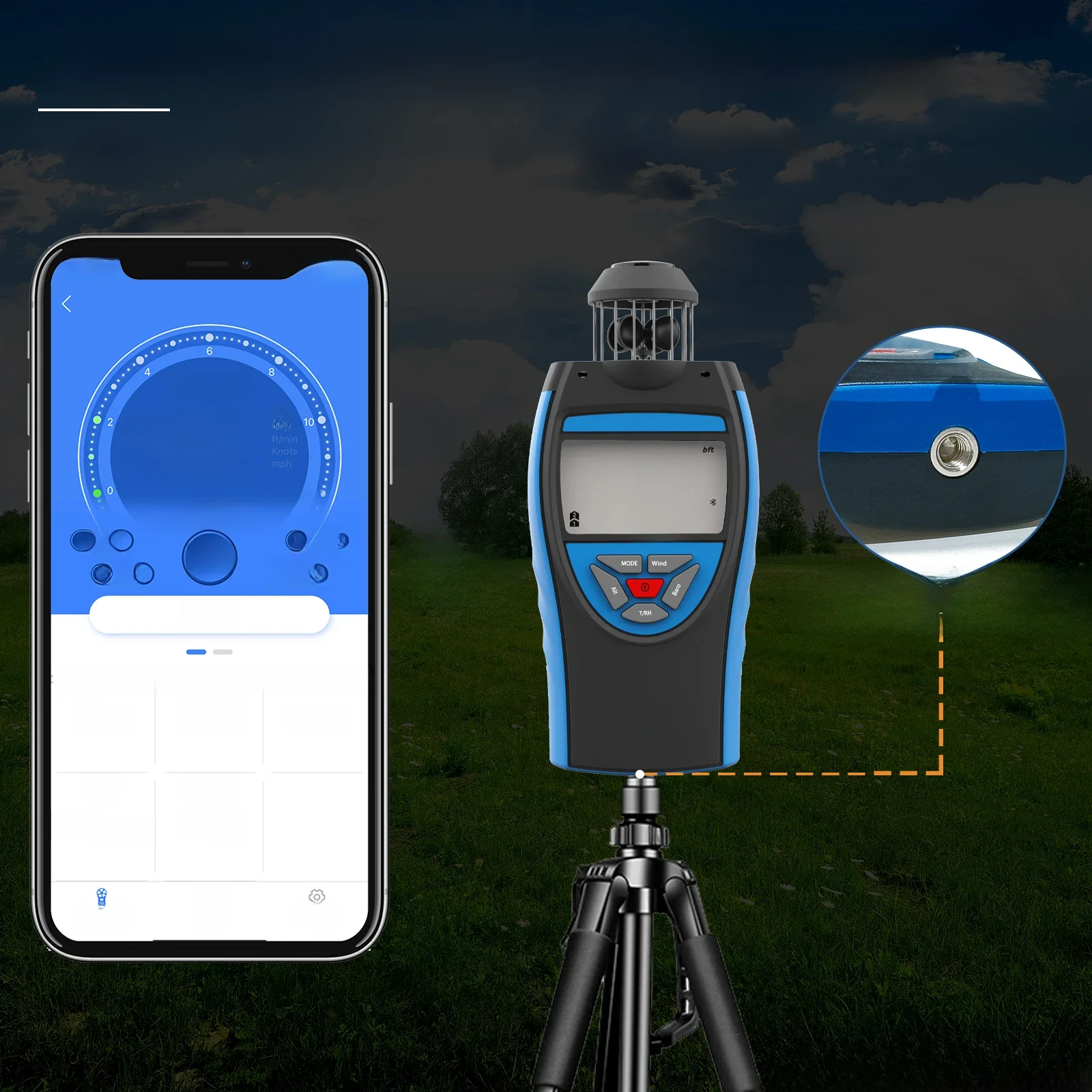 BTMETER 0,3 ~ 42 m/s cyfrowy anemometr, prędkość wiatru Bluetooth, HVAC Avg objętość powietrza, wysokość CFM, ciśnienie barometryczne, 8806-WM-APP — zdjęcie 2