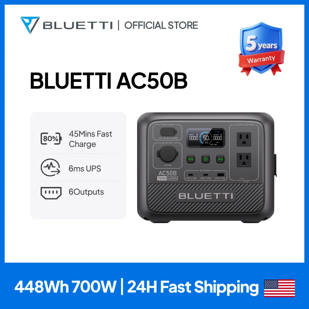 BLUETTI AC50B Portable Power Station 700W 448Wh LiFePO4 Battery Backup Lightweight Solar Ready Generator for Camping Road Trip RV Outdoor Emergency Power Outage Home Use