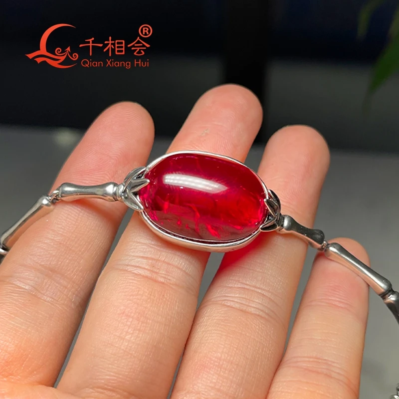 45CT Pigeon Blood Red Lab Grown Ruby Inclusions 18x25mm Oval Shape  Adjustable Bracelet 925 Silver Jewelry