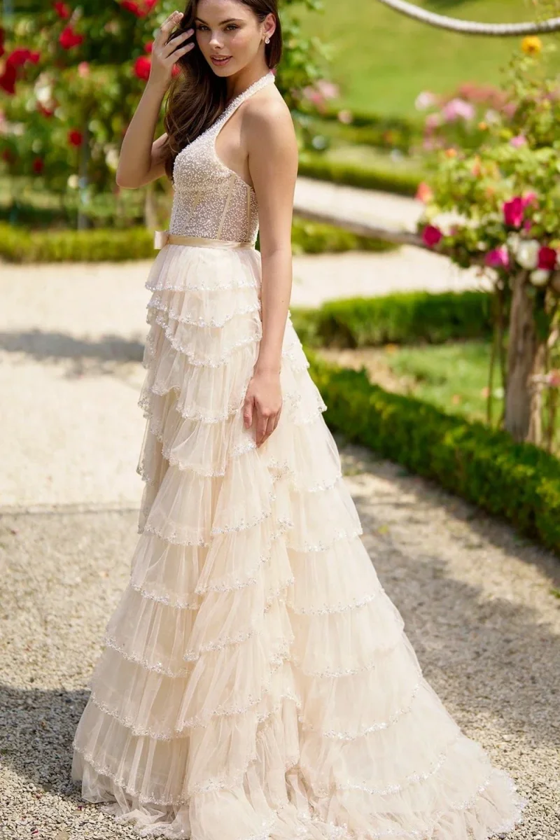 Jessica glitter lantejoulas vestidos de noite feitos à mão tule multi-camada vestidos de baile em forma de a vestidos de festa de casamento personalizados