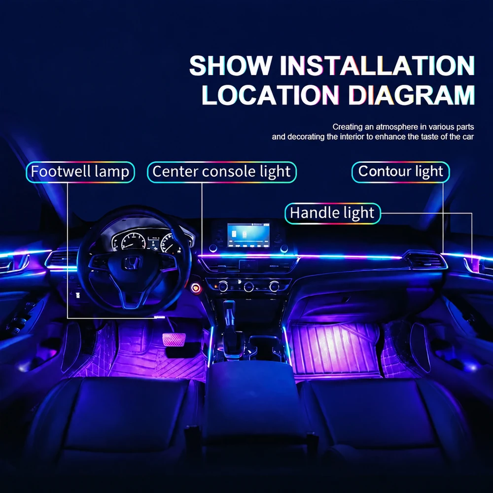 18-in-1 Vollfarbige Streamer-Auto-Ambientebeleuchtung RGB 64 Farben Universelle LED-Innenbeleuchtung Versteckte Acryl-Streifen Symphonie-Atmosphärenlampe – Detail 3