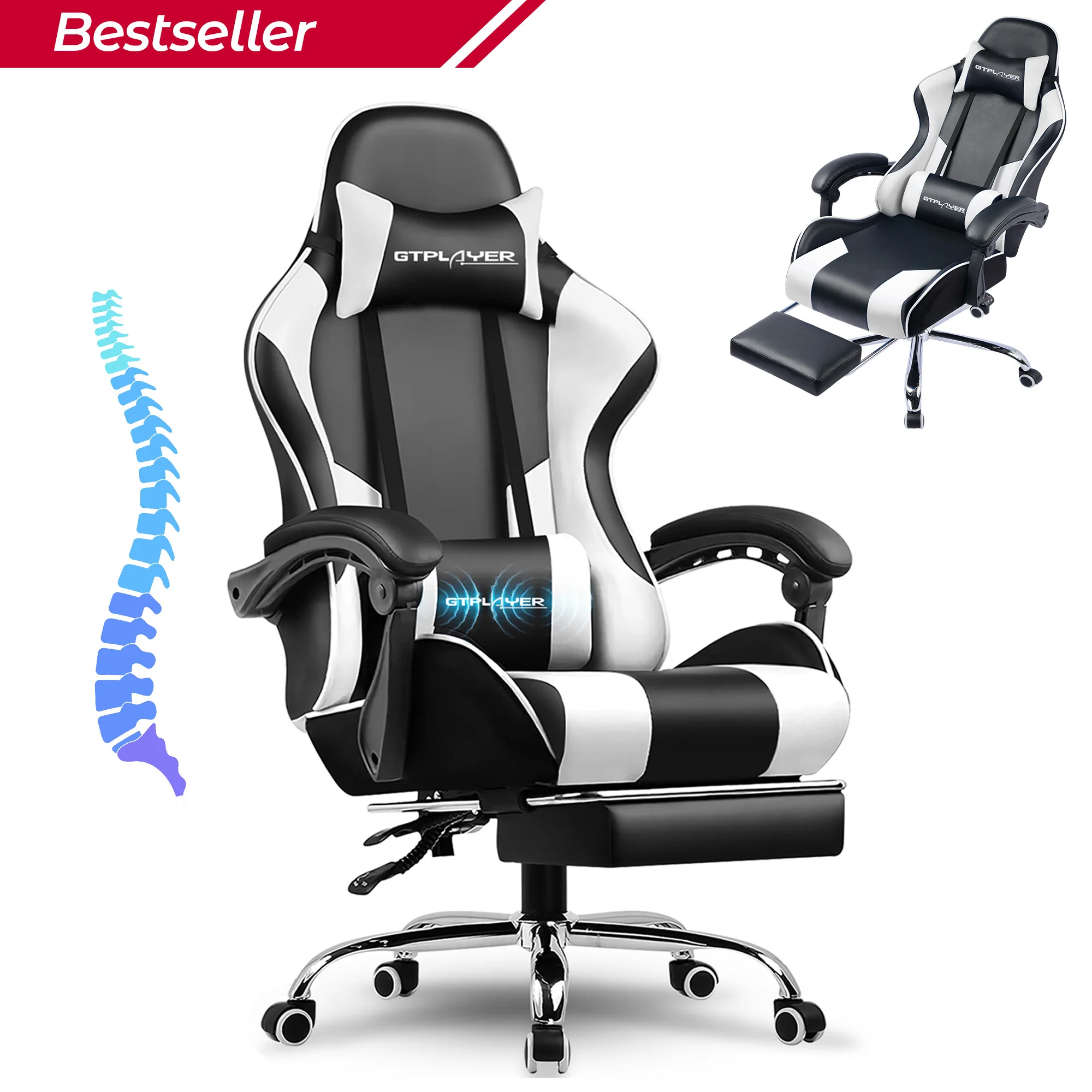 GTPLAYER Gaming Stuhl mit Massage-Lendenkissen & Fußstütze, Ergonomischer Bürostuhl mit Gepolstertem Sitz, Drehstuhl bis 150 kg