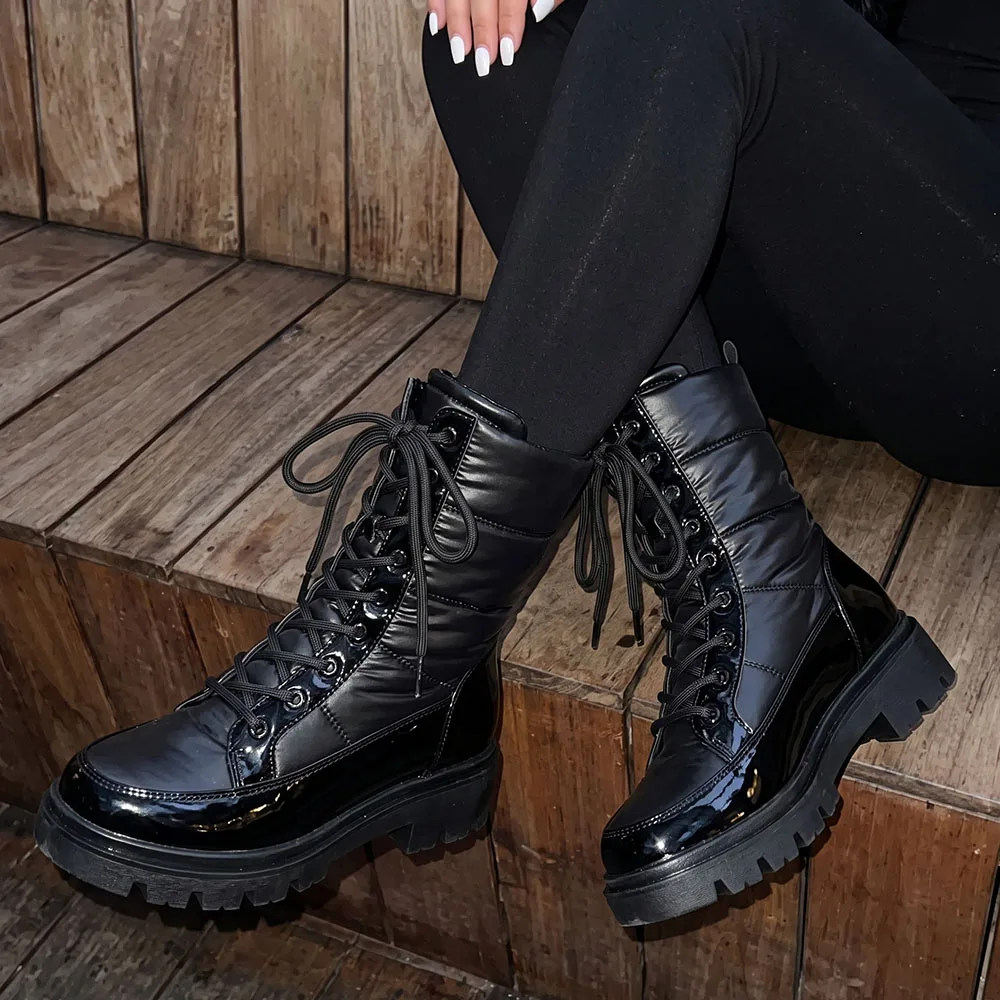 Women Snow Boots Lace Up Block Heel Platform Ankle Shoes Warmplush Non-slip Cool Fashion Comfy Women Motorcycle Boots