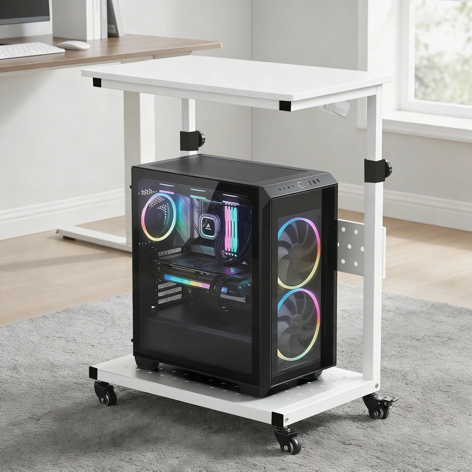 Höhenverstellbarer Computer-Tower-Ständer, Rollbarer Mobiler Schreibtisch mit Rädern, Multifunktionaler PC-Tower-Ständer, Beistelltisch, Druckerständer für Home-Office und Gaming-Setup, Belüftet zur