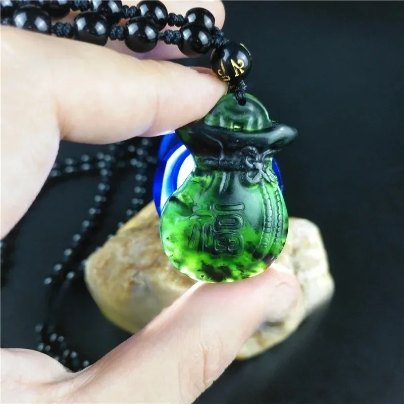 Certyfikowany chiński naturalny czarny zielonego jadeitu Lucky Bag naszyjnik moda urok biżuteria ręcznie rzeźbiony Amulet Top — zdjęcie 2