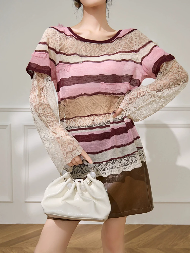 Women Pink Brown Striped Lace Top Openwork Patchwork Layered Look Loose Fit Lightweight Long Sleeve Boho Casual Blouse