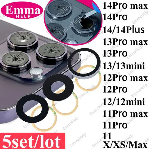 EmmaHelp 5set lente de cristal de cámara trasera para iPhone 14 12 11 13 Pro Max Plus X XS XR 8 7 lente de cubierta trasera lente de cámara grande pegatina de cristal 3M