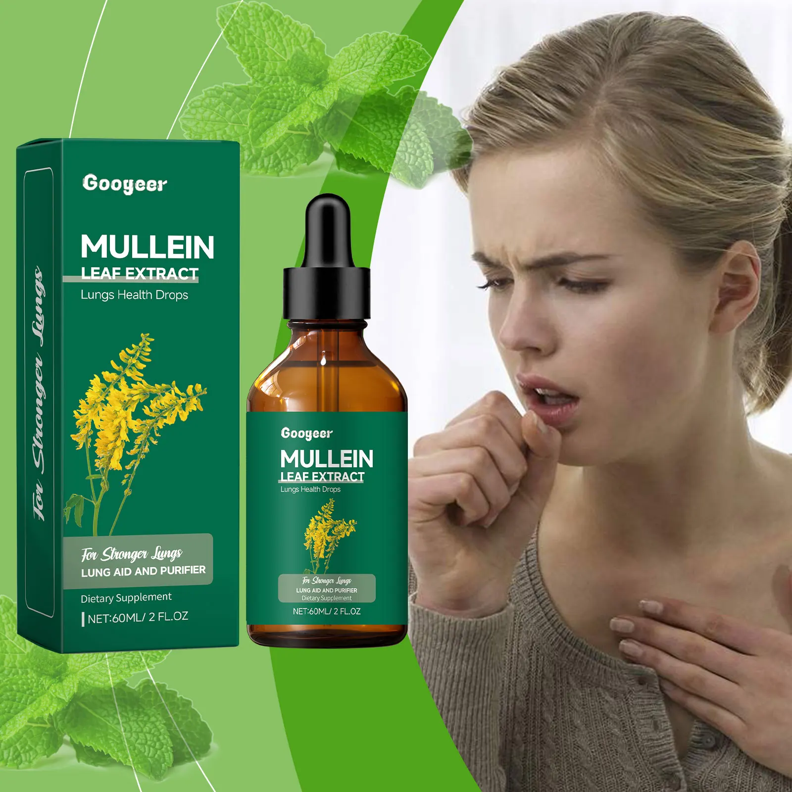 

Googeer 60 мл экстракт листьев Mullein, добавка капель для легких, очищающая поддержка, успокаивающий кашель, сухая горло, капли для полости рта Mullein