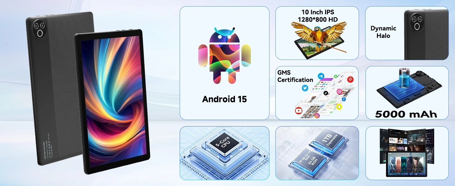 10.1 Inch Ultra Thin Tablet PC Android 15 A333 Five Core 20GB Virtual RAM 64GB ROM 1280*800 HD Screen 5000mAh WIFI Office Learning Tablet Only Tablet No Accessories