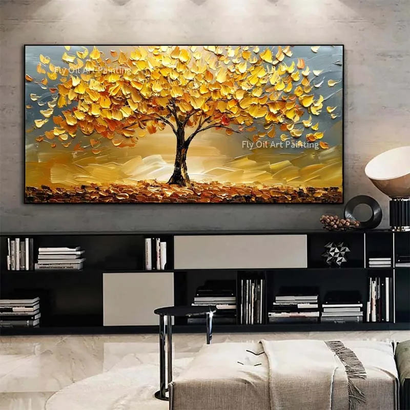 Handmade Golden Tree Oil Painting 3D Texture Money Tree Canvas Wall Art Modern Abstract Landscape Picture for Living Room Decor