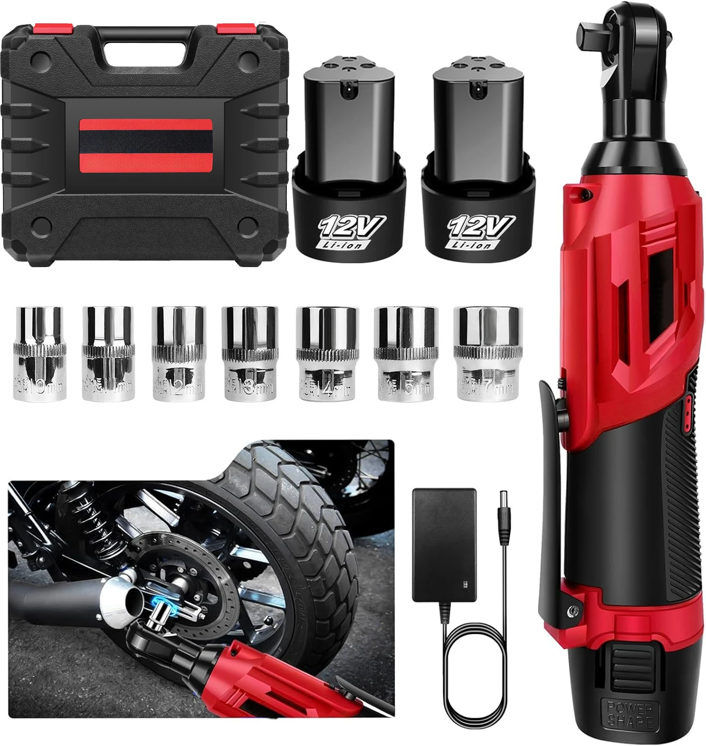 Jeu de clés à cliquet électriques OWJHE 12V 3/8" 90 ° Lumière LED à Angle droit 2300 tr/min, 2 batteries Li-ion et chargeur rapide pour la réparation automobile