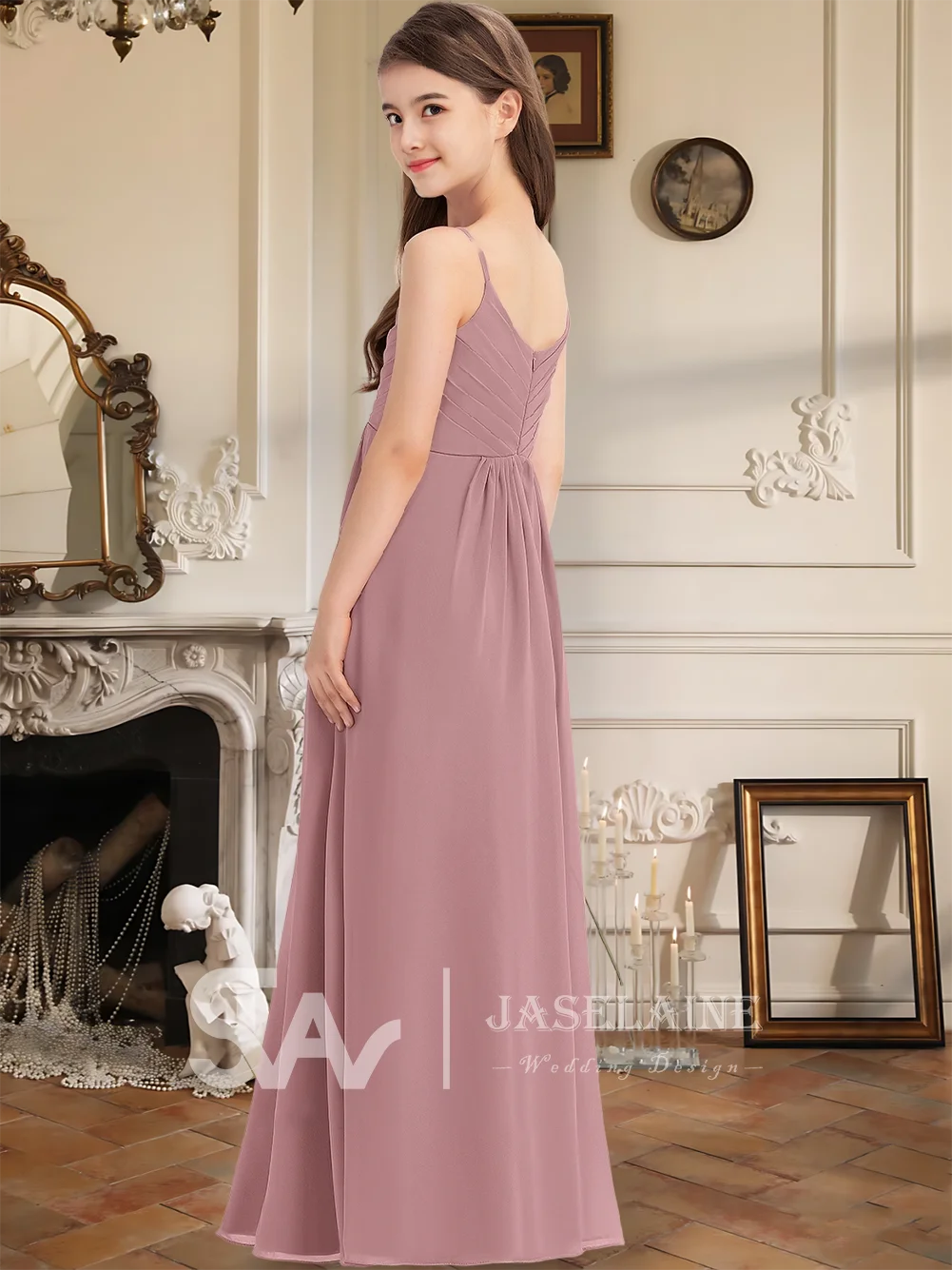 Een junior bruidsmeisjesjurk A-lijn V-hals Vloerlengte Chiffon Bloemenmeisjesjurk Meisjes Speciale gelegenheden Bruiloft Formele jurk