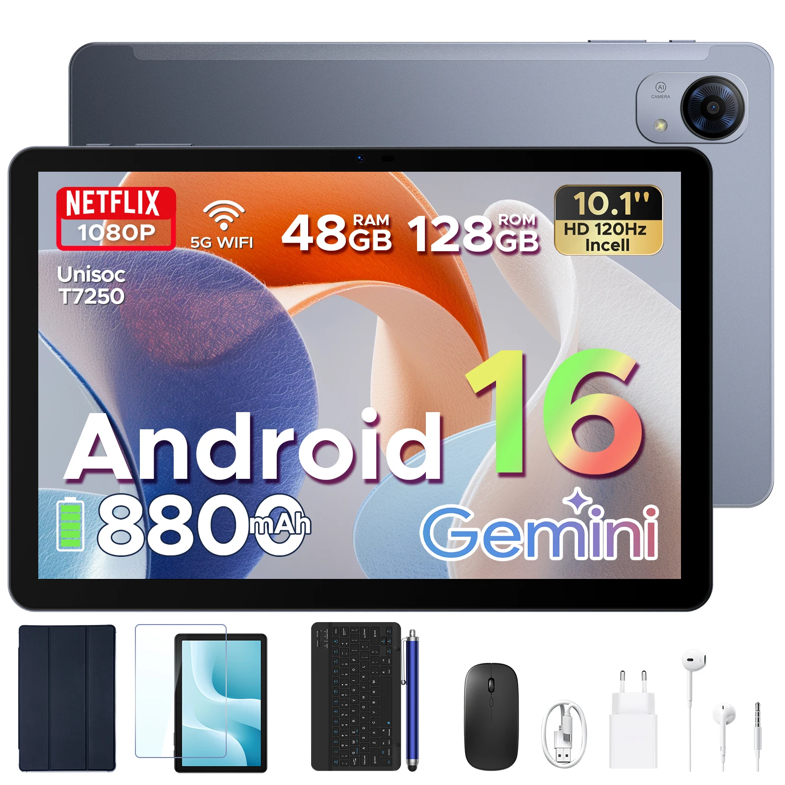 Aorlym P10 Pro Android 16 Tablet PC 10.1" Gemini AI Tablet Pad 48GB RAM+128GB ROM 8800mAh Batterij 120Hz Widevine L1 Ondersteuning