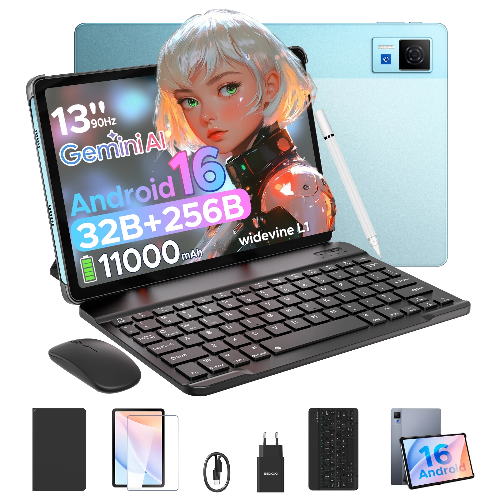 DOOGEE U13 Android 16 Tablet 2-in-1 tablet 13 inch IPS FHD+ 90Hz scherm 11000mAh batterij 32GB RAM (6+26) 256GB ROM T7280 Octa-Core