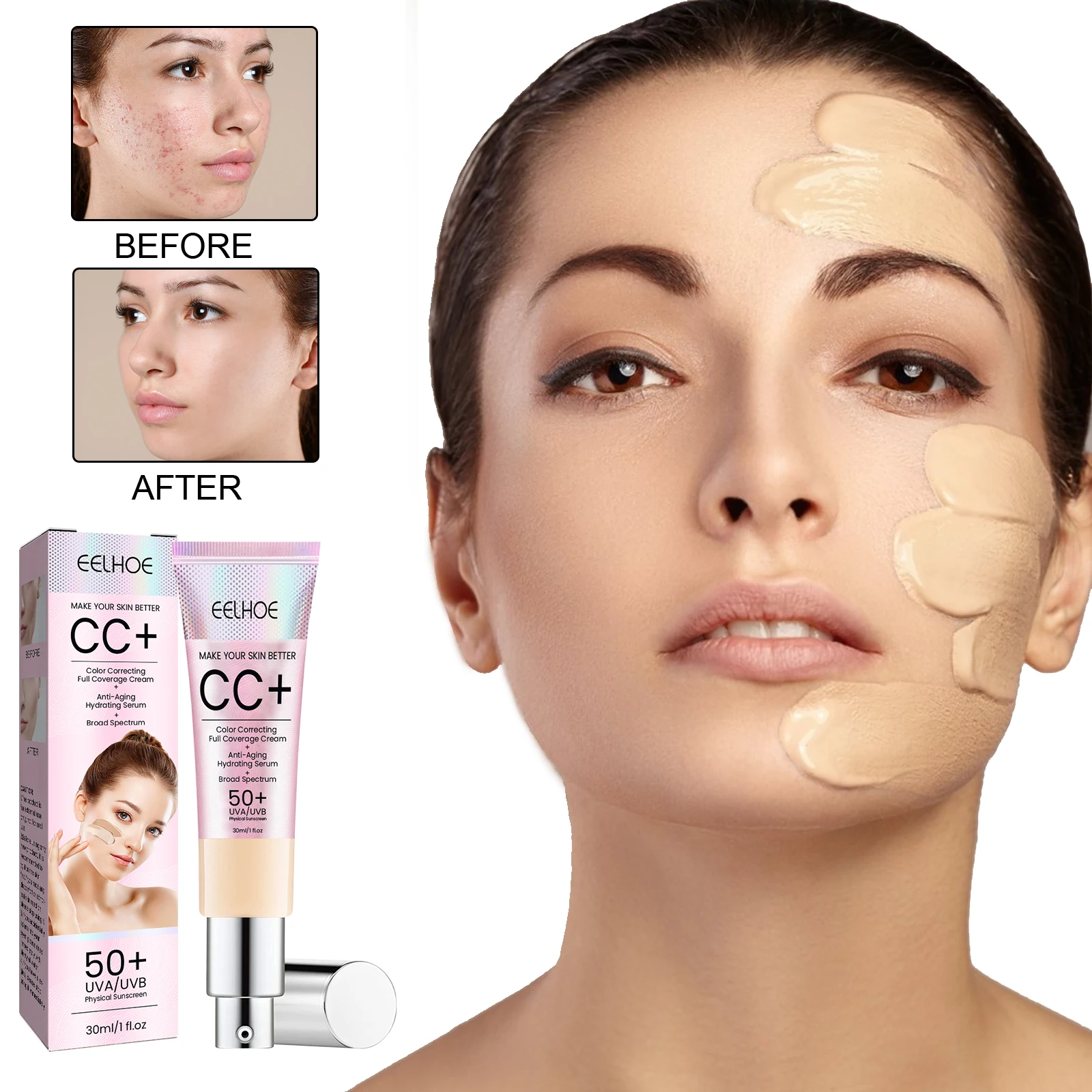 

30ml Eelhoe Cc Cream Cover Waterproof Smudge Proof Hydrate Brighten Even Tone Correct Dark Spots Improve Dullness Shield Uv