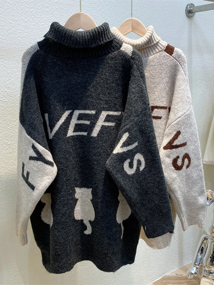 Women\'s Oversized Sweater Knitted Autumn Winter Turtleneck Cute Cat Print Knit Pullover Warm Sweaters for Women C-062