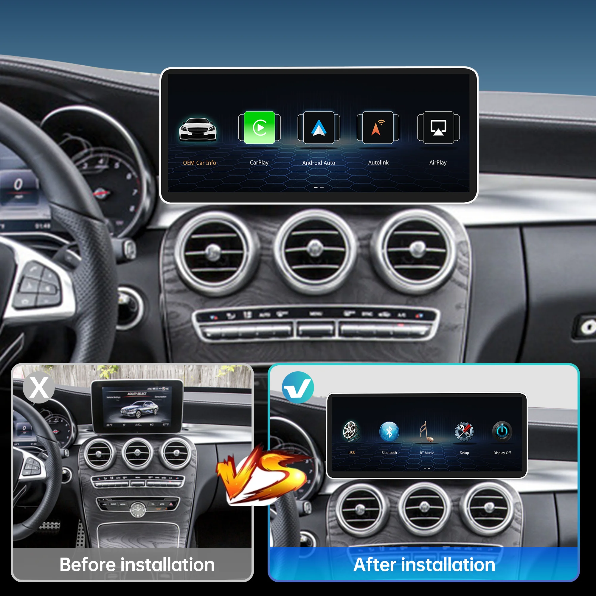 For Mercedes C Class 12.3 Android screen for 7/8 inch NTG 5.0 W205 C205 S205 Apple Carpay Android Auto support apps mirroring