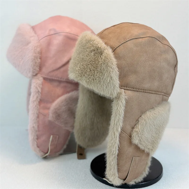 

New autumnwinter faux leather thickened plush Lei Feng hat Japanese retro style warm and cold-proof suitable for outdoor cycling