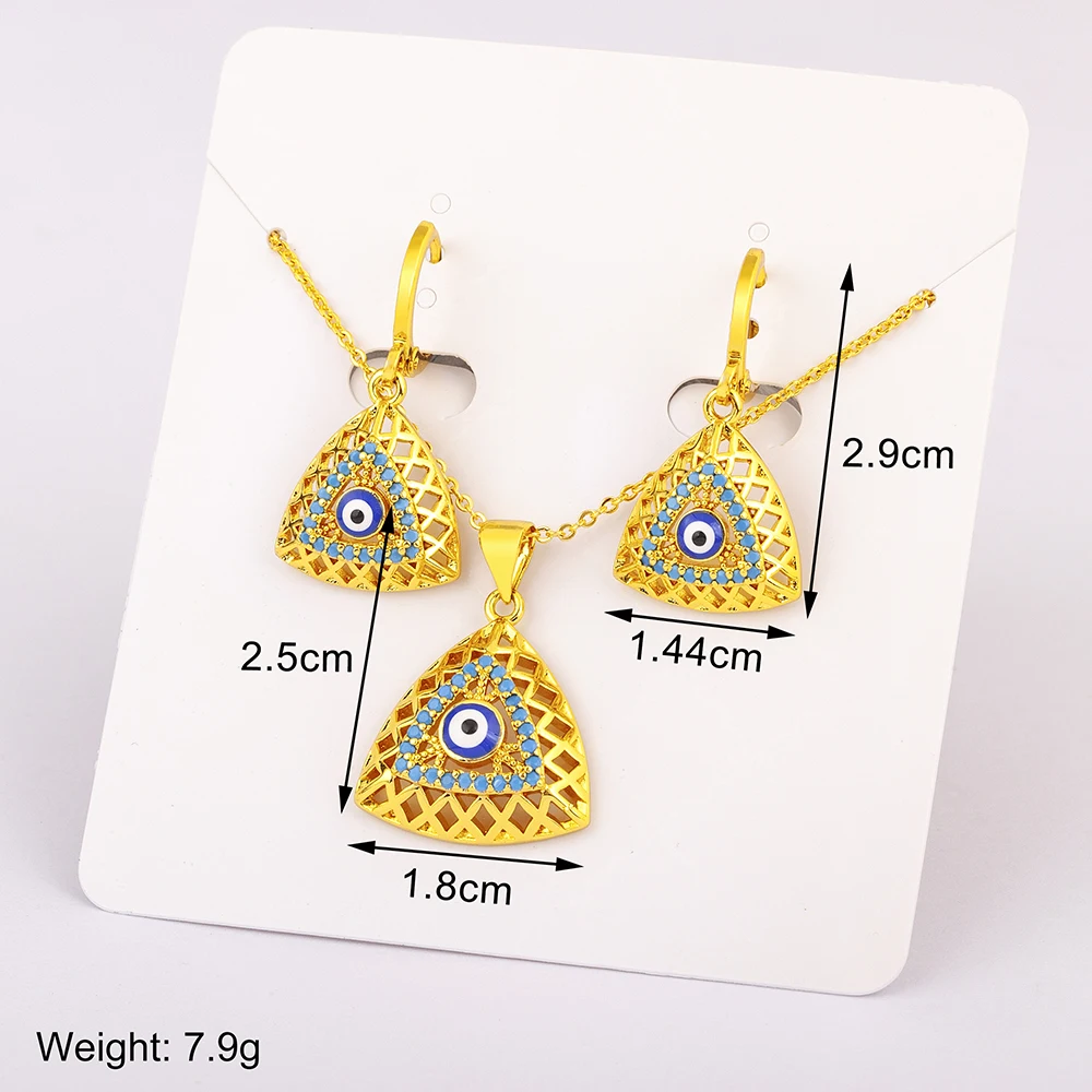 Nidin New Retro Triangle Shape Turkey Evil Eye Zircon Jewelry Sets Pendant Necklace Earrings For Women Hollow Design Accessories