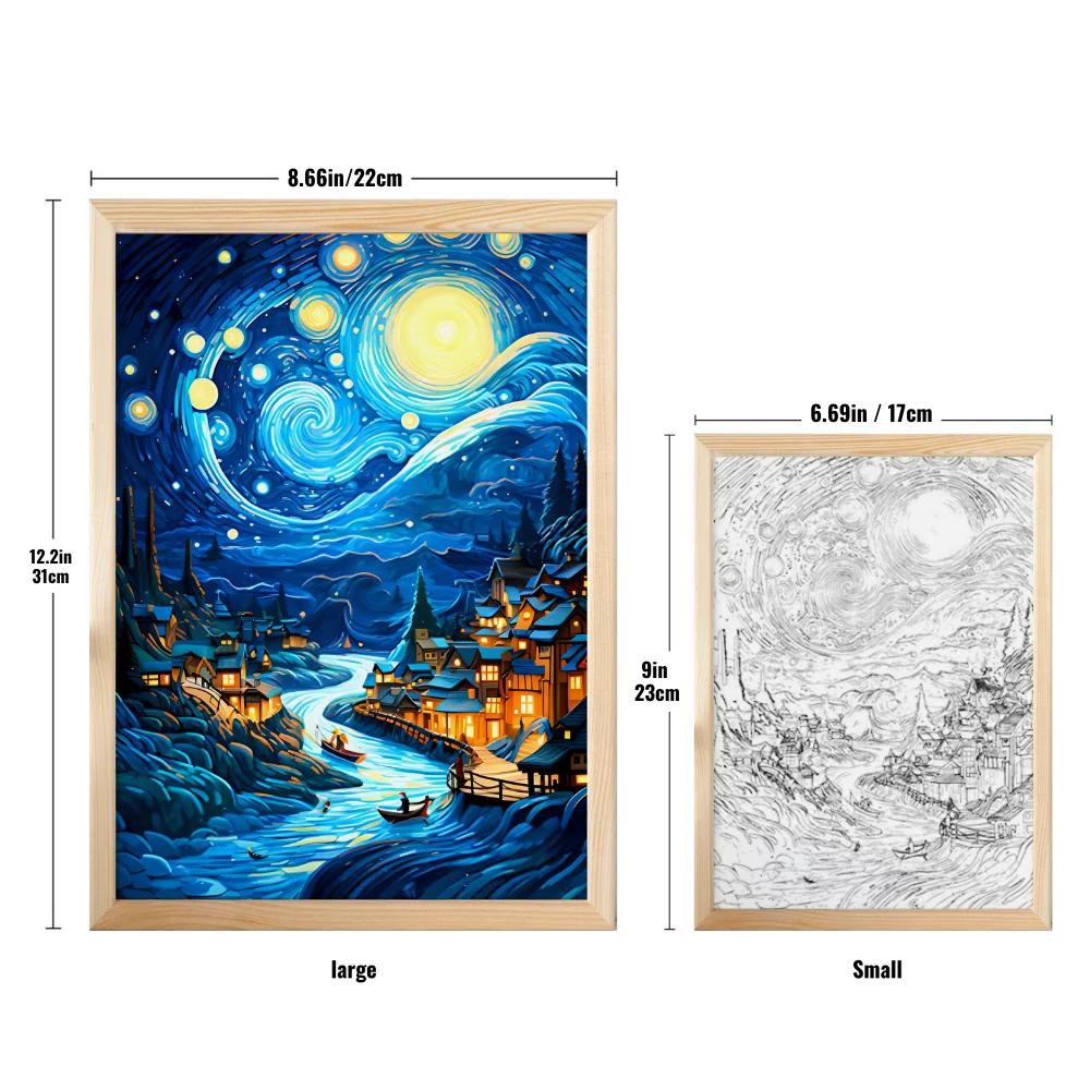 Van Gogh Art Anime lampu malam LED-3 warna lampu suasana redup USB, bingkai foto kayu hadiah dekorasi rumah, sempurna untuk kamar tidur