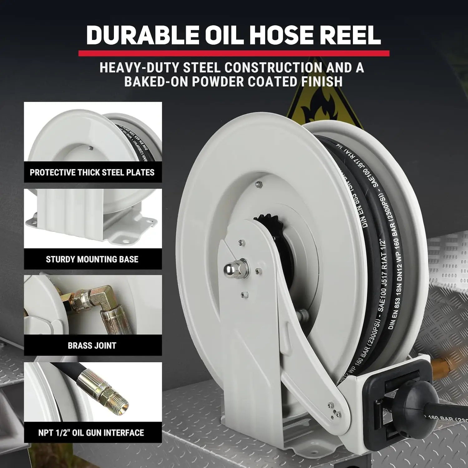 1/2 inch x 50 ft Oil Hose Reel Retractable, Max 2300 PSI Premium Commercial Hose Reel, Spring Driven Auto Rewind, Heavy Duty Industrial Carbon Steel Adjustable Arm for Motor Oil, Emulsified Oil