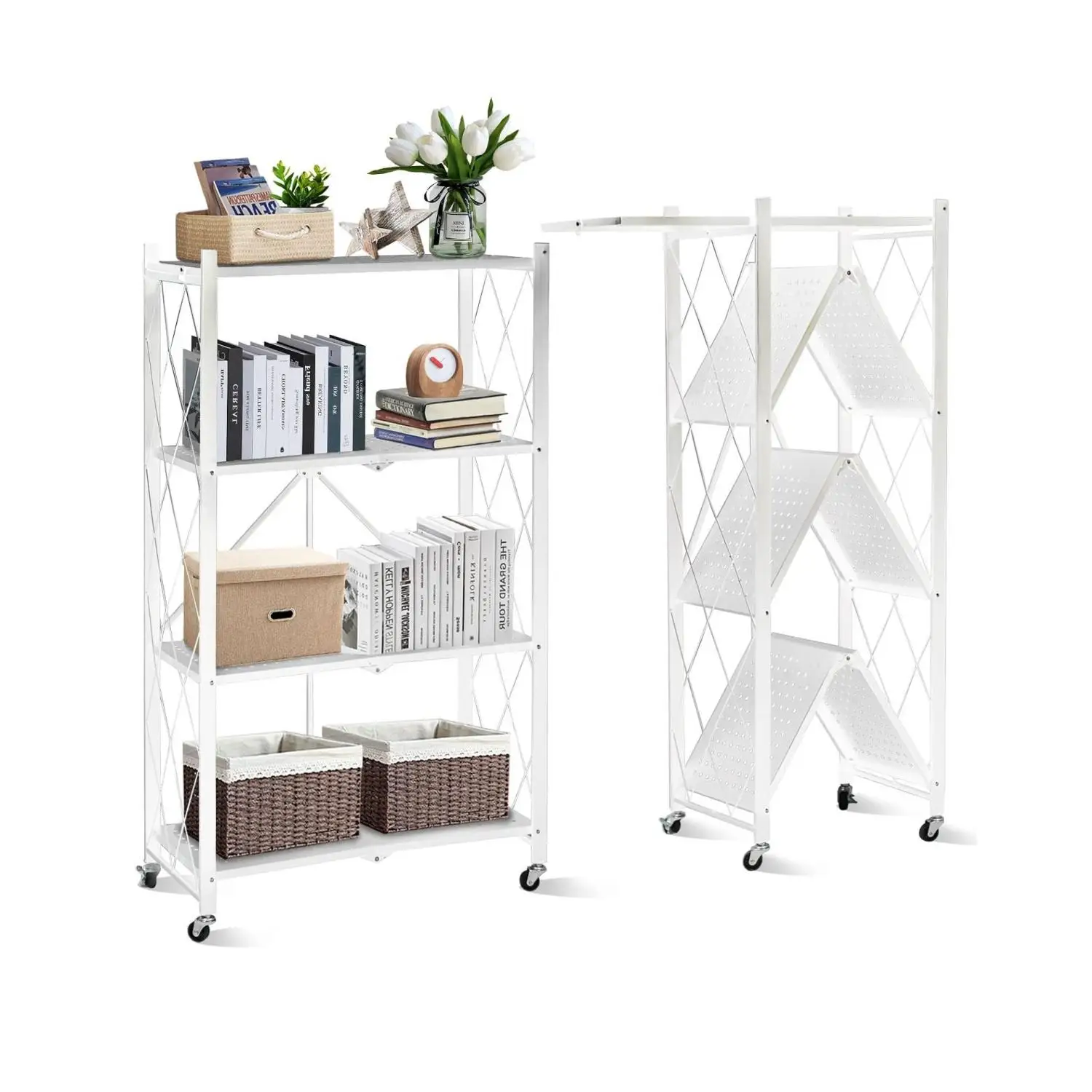 Foldable Storage Organizer 4 Tier, Storage Shelves Kitchen Cabinet Storage Rack, Bookshelf,Home,White