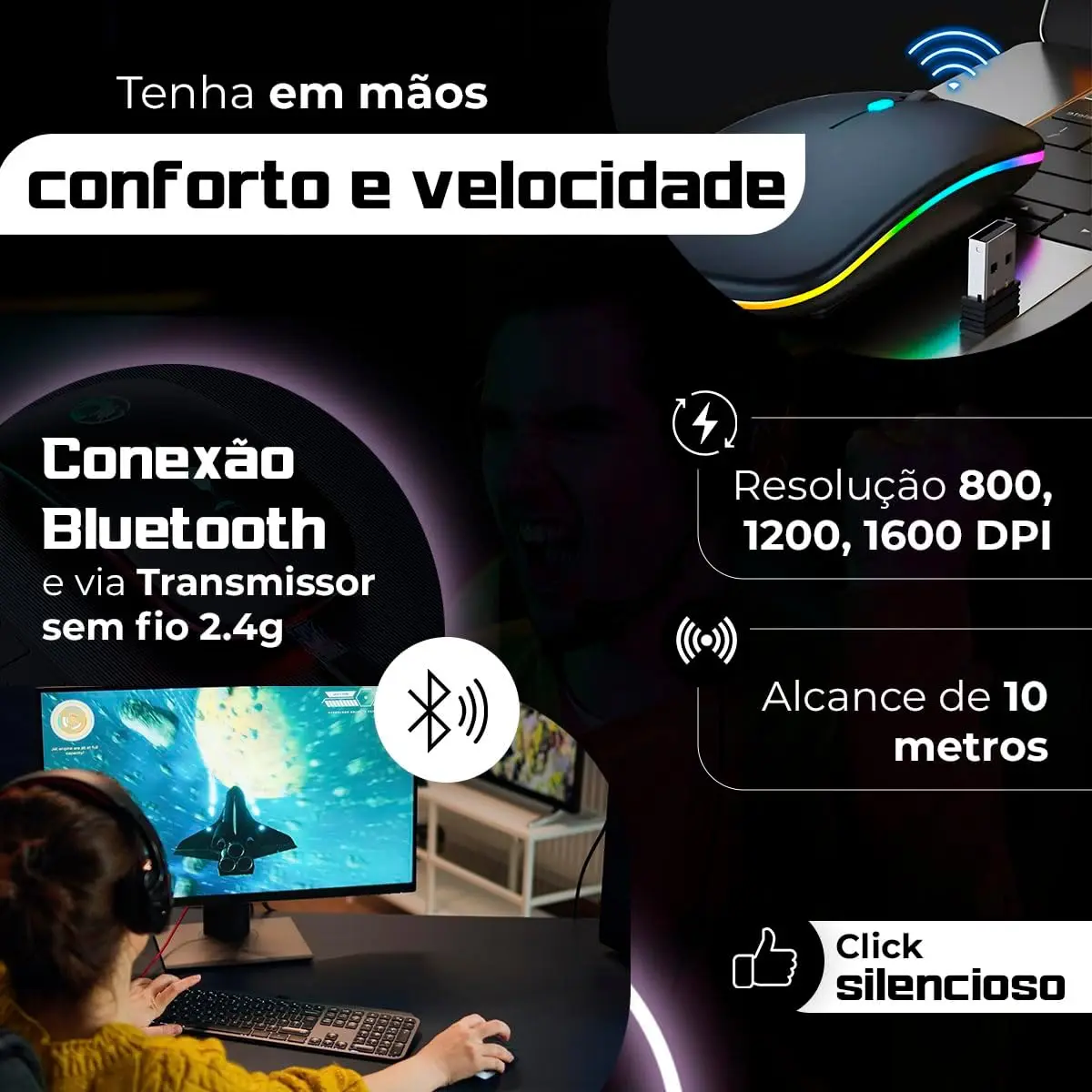 ماوس لاسلكي قابل لإعادة الشحن Led Rgb 2.4 جيجا هرتز سماعة لاسلكية تعمل بالبلوتوث Optico Ghz كمبيوتر محمول - رائع