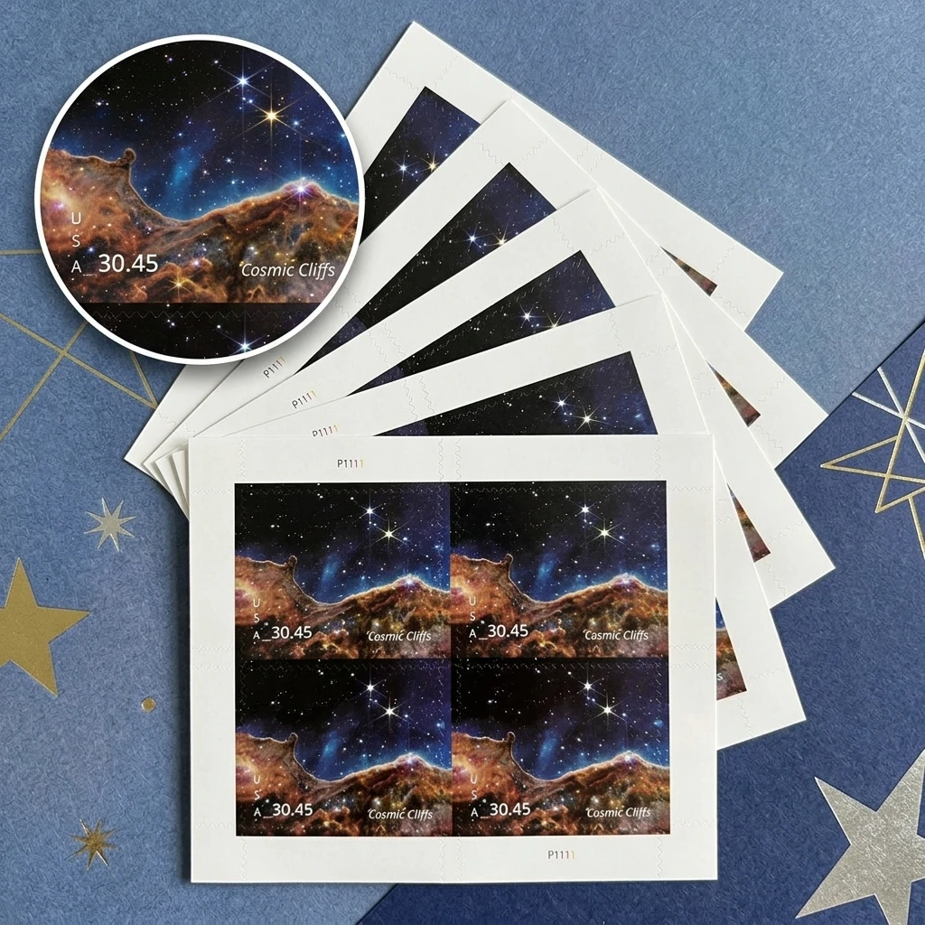 

5 Sheets 20PCS Cosmic Cliffs Space Stamp Style Stickers Galaxy Nebula Self Adhesive Decorative Labels for Scrapbook DIY