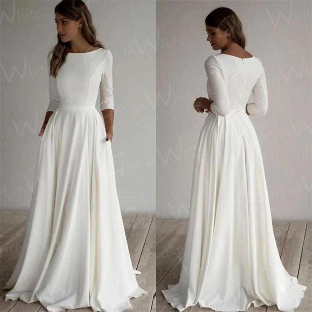 Abito da sposa a trapezio in raso semplice mezza manica O collo abito da sposa da sposa abito da sposa modesto Vestido De Novia Robe De Mariée