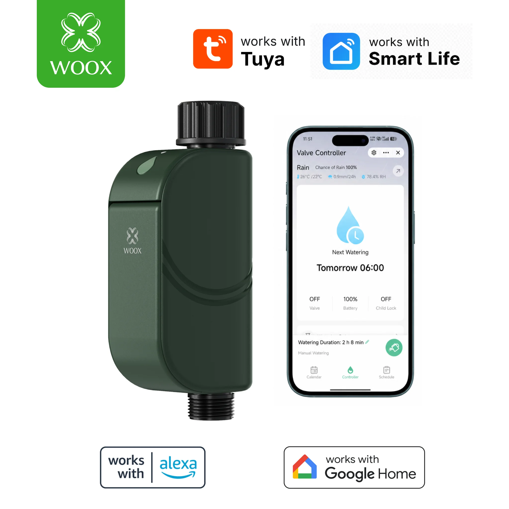 WOOX Programmateur d’Arrosage WiFi 2,4 GHz, Contrôleur d’Irrigation Automatique, Compatible avec Tuya et Smart Life, Fonctionne avec Alexa et Google, Sans Hub, IP65, G3/4, Retard Pluie, Mode Manuel, Cycle et Trempage