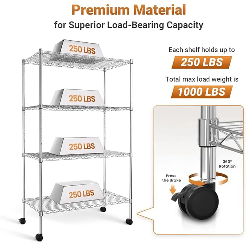Estantería sencilla de lujo resistente con ruedas, organizador de alambre de acero ajustable, capacidad de 1000 Lb, cromo, 4 estantes