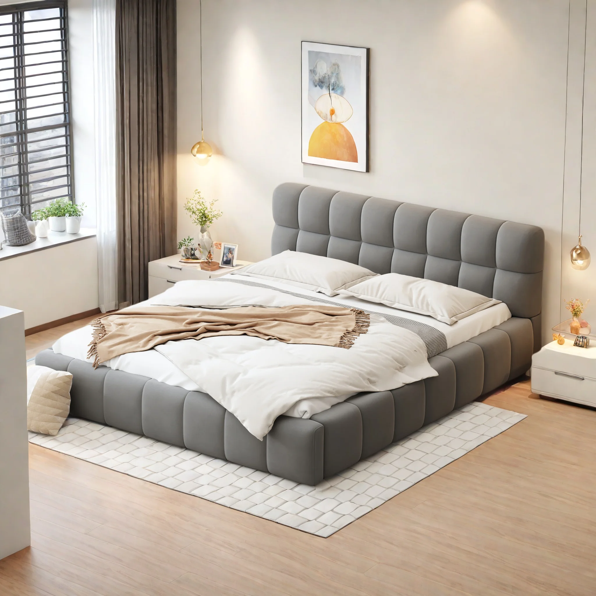 سرير تنجيد حديث من ROSAHQNDA، سرير مزدوج بظهر ناعم، سرير مسطح بحافة مبطنة، قماش كتان، بدون مرتبة