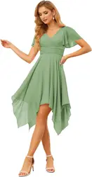 Short Flutter Sleeve V Neck Short Bridesmaid Dresses with Sleeves Ruched Chiffon A-Line Cocktail Dress for Women with Pockets