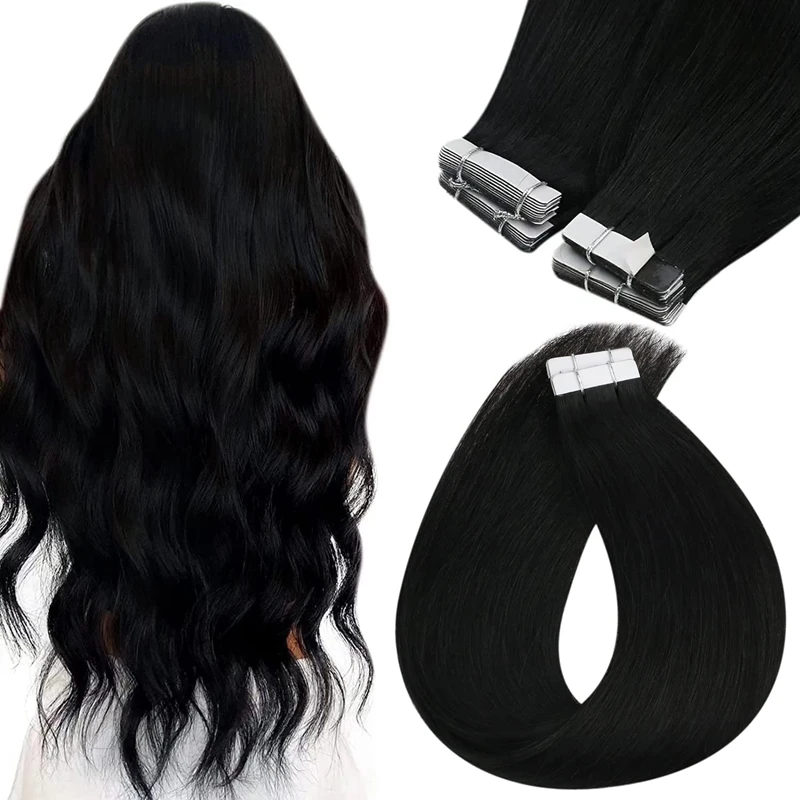 Straight Tape in Hair Extensions Human Hair 100% Real Human Hair 16-26 inches Skin Weft Tape Hair Extensions Natural Black #1B