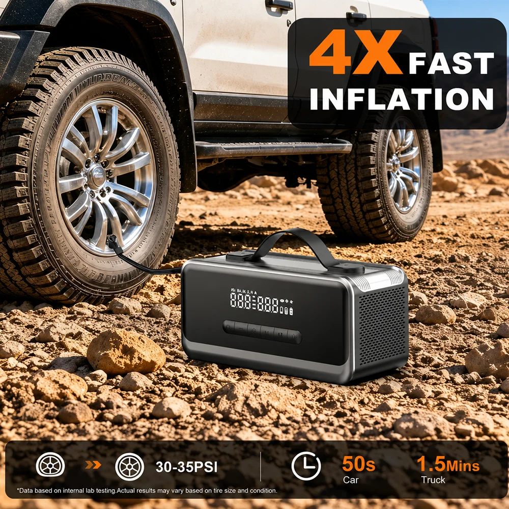Jump Starter with 180PSI Air Pump & Air Blower, 12V 12-in-1 Emergency Power Pack with LED Light for 9.0L Gas / 6.5L Diesel view 2
