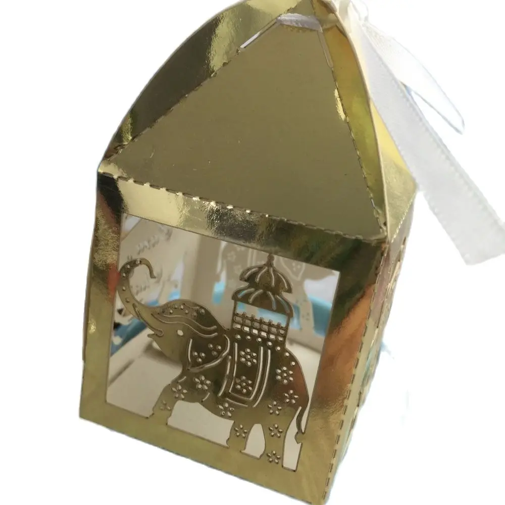 

Elephant Metallic Paper Gift Box with Ribbon,Wedding Party Favor Boxes,Laser Cut Candy Chocolate Packaging Box, 300PCs