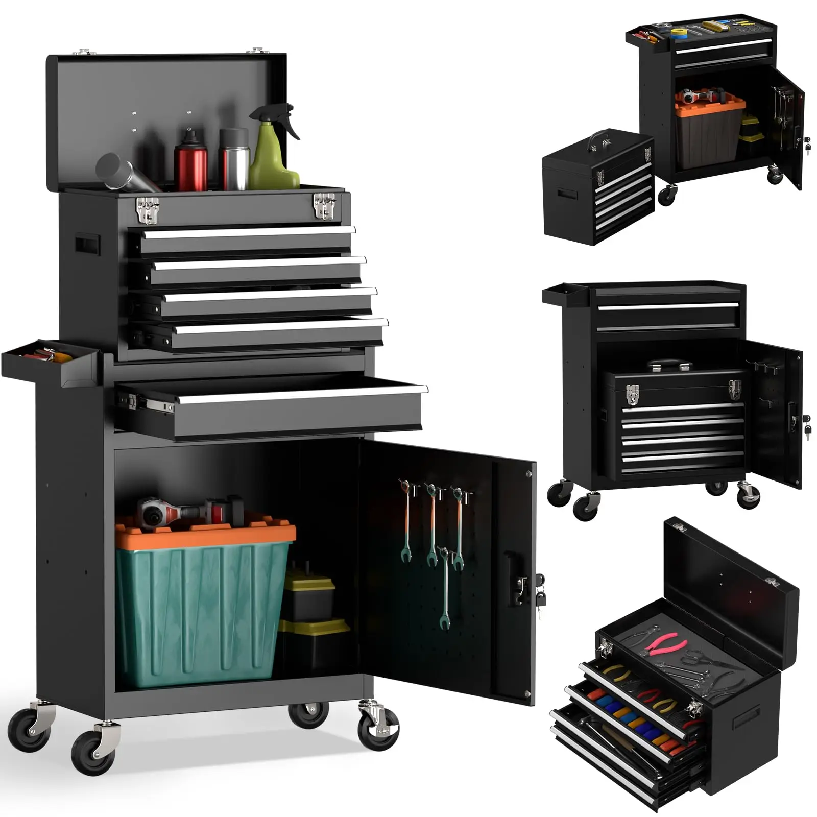 5 Drawer Heavy Duty Rolling Tool Chest with Lockable Wheels, Steel Tool Cabinet with Ball Bearing Drawer Slides and Central Keyed Lock for Garage, Workshop & Auto Repair