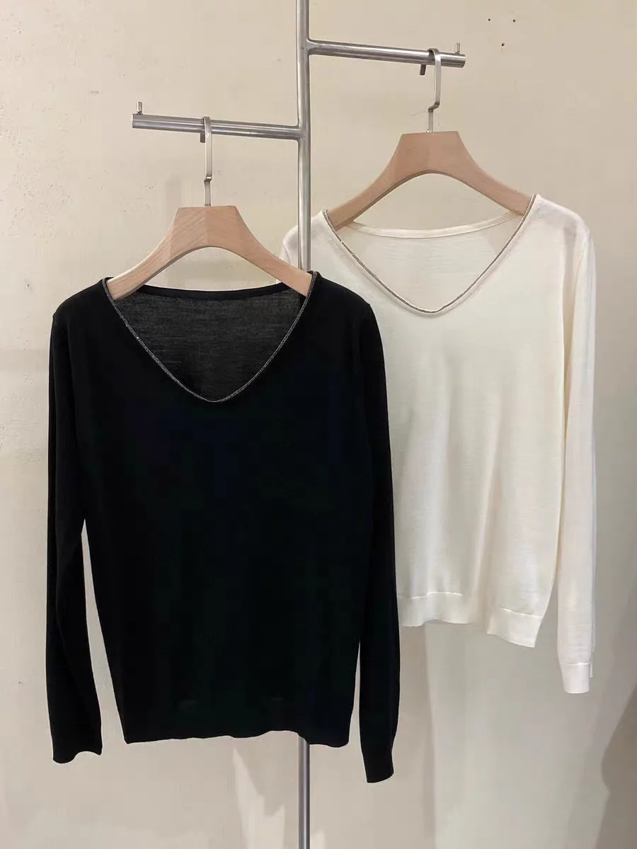 Casual Merino Wool Beaded V-Neck Knitted Pullover