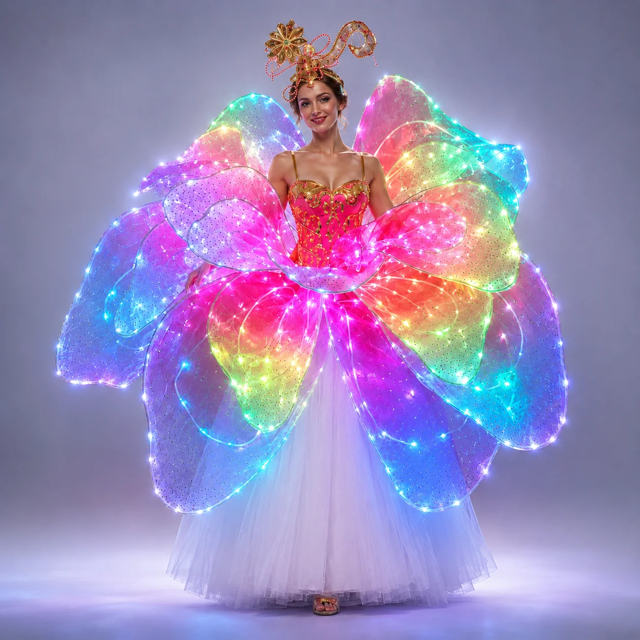 Full Color LED Petal Skirt Flower Opening Dance Big Swing Dress Modern Dance Performance Dress LED Robot Suit Blossom Long Dress