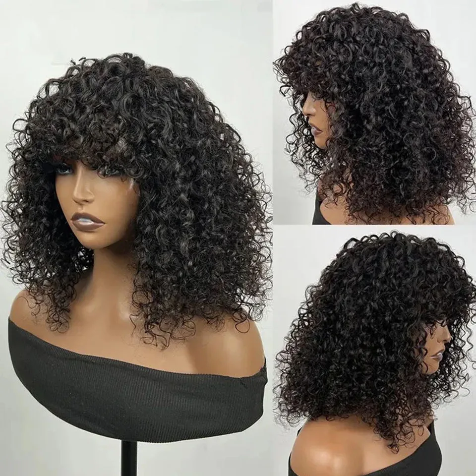 Peruca Curta de Bob Encaracolado com Franja para Mulheres Negras, Onda Profunda, Cabelo Humano, Glueless, Top do Couro Brasileiro, Solto