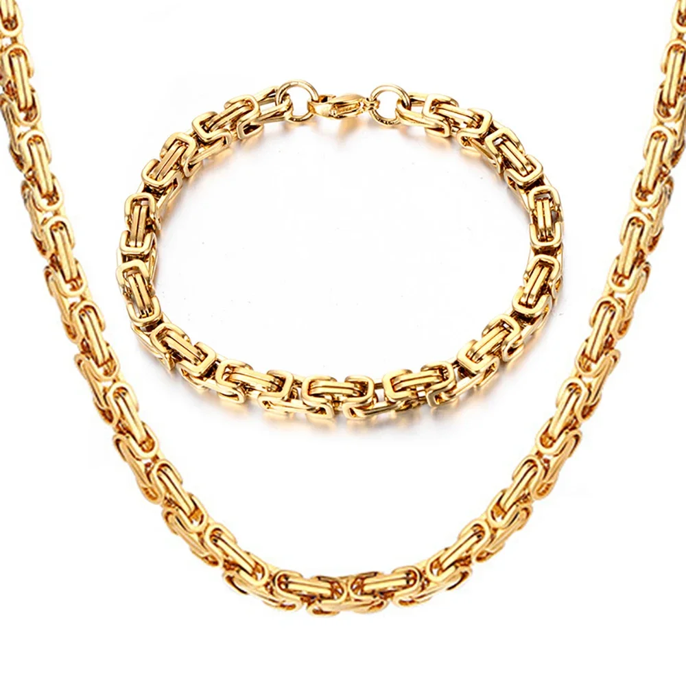 Gold Farbe Edelstahl 4mm Byzantinische Link Kette Armbänder Halskette Für Frauen Männer Fashion Party Hochzeit Schmuck Sets Geschenke