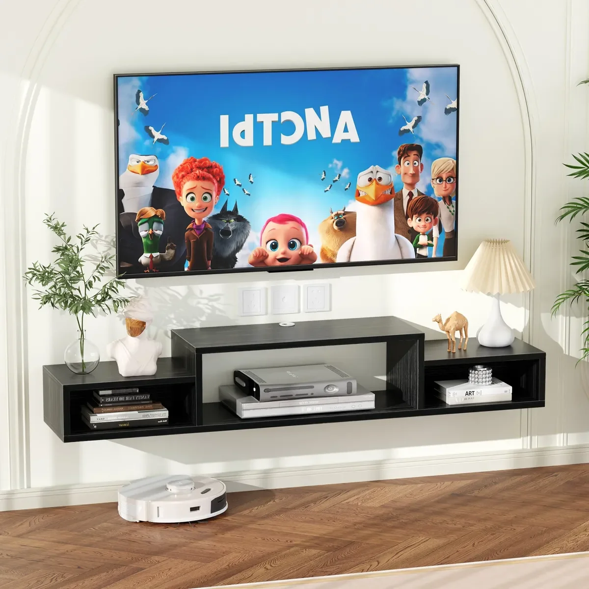 Mueble Flotante para TV de Madera 150cm con Gran Capacidad de Carga 70kg, Soporte Suspendido con Compartimentos y Orificio Pasacables, Compatible con Televisores 32" a 70" para Sala